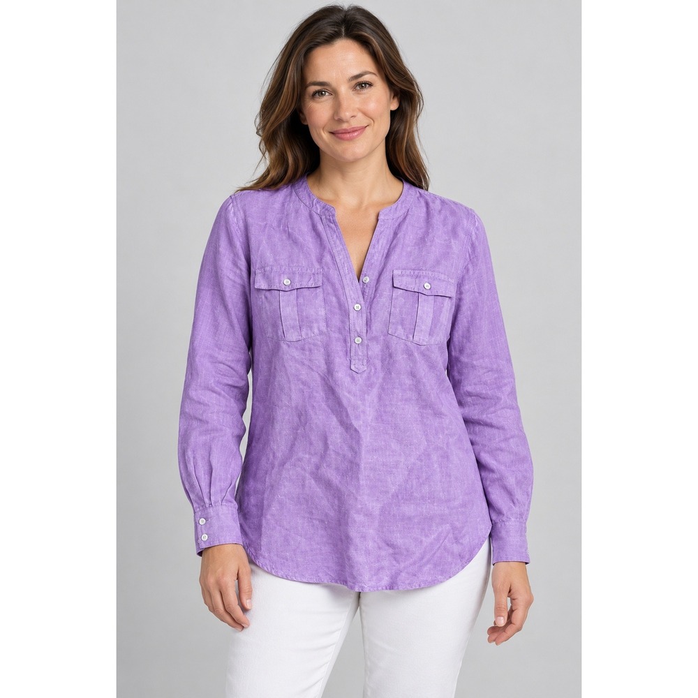 Talbots Purple Linen Blend Popover Blouse Long Sleeve Roll Tab Top Size M